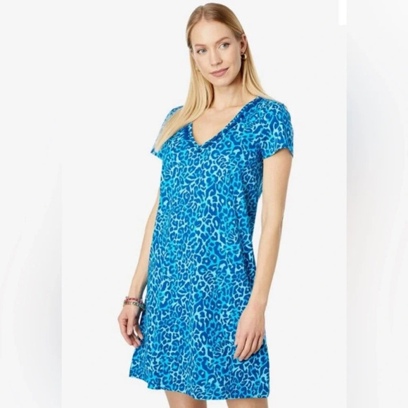 Lilly Pulitzer Etta Dress Blue Pom Pom V Neck Size M Short Sleeve Pima Cotton - Picture 1 of 11